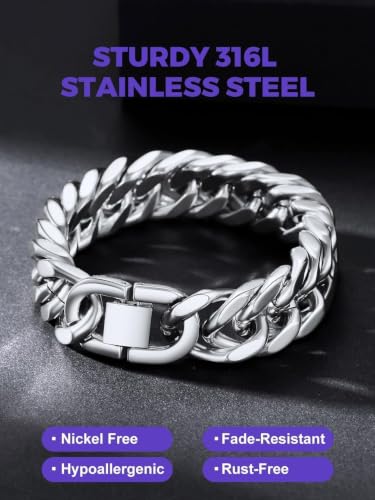 Richsteel Mens Cuban Link Bracelets, Silver/Black/14K Gold Plated Stainless Steel Bracelet for Men 8/12/17mm Width, 7.4/8.2/9 Inch Length Chain Wrist Bracelets With Gifts Box - style: 07-Steel 17mm Width