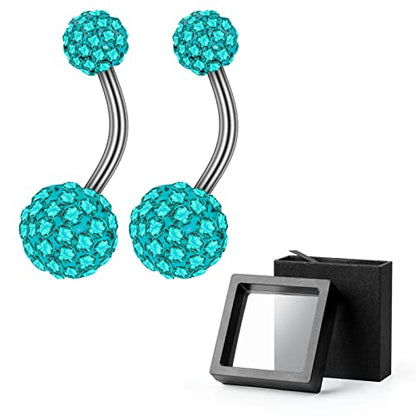 2-Piece 14G Belly Button Rings, Rhinestone Disco Balls | Hypoallergenic stainless steel with 5mm top and 8mm bottom rhinestone balls, gift-boxed navel piercing jewelry for women - color: Blue