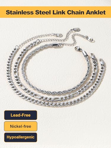 U7 2Pcs/3Pcs Ankle Bracelets for Women, Stainless Steel Cuban Link/Figaro/Rope/Heart Chain Anklets Sets,Waterproof Layered Anklets Adjustable 8.5"-10.5" - color: 03. 3Pcs Style A-Stainless Steel