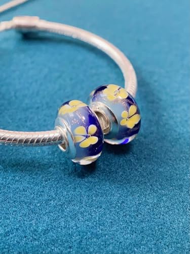 2pcs Authentic 925 Silver Murano Glass Flower Charms for Pandora Bracelets - color: 05-Blue & Yellow flowers