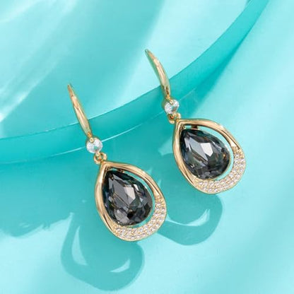Austrian Crystal Halo Teardrop Hollow Drop Dangle Earrings for Women 14K Rose Gold Plated Hypoallergenic Jewelry Gifts - color: Grey-Black