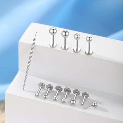 Xpircn Flat Back Stud Earrings 16G 18G 20G Tiny CZ Stud Earrings, Gold Flat Back Earrings, Threadless Cartilage Tragus Piercing Conch Helix Stud - color: Silver-Tiny Ball, size: 16G 6mm Bar
