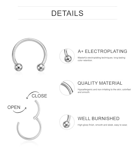 16PCS Surgical Stainless Steel Hinged Clicker Segment Horseshoe Septum Lip Eyebrow Rings 16G Nose Ring Hoop Cartilage Helix Conch Tragus Rook Daith Earrings Piercing Jewelry for Women Men 6mm 8mm 10mm 12mm - color: Silver Tone