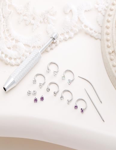 Horseshoe Nose Ring for Women Surgical Steel 18G Double Gem Nose Ring Hoop Cartilage Helix Daith Tragus Half Hoop Earrings Septum Labret Lip Eyebrow Piercing Jewelry Silver Plated - color: B: Silver 6Pcs(purple)