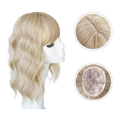 Synthetic Loose Water Wave Hair Topper With Bangs, Mixed Blonde | Clip in Hair Topper Synthetic Hair Toupee for Women Girls (13inch) - size: 13 Inch