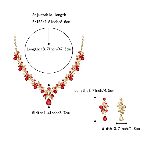 Women's Wedding Jewelry Set Leaf Flower for Bridal Prom Party | Stunning Crystal Teardrop Marquise Cluster Pendant Necklace Dangle Earrings Set for Bride Bridesmaid - color: 02-Ruby Color Gold-Plated-Base