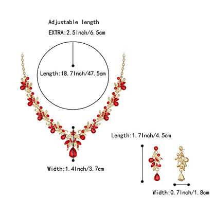 Women's Wedding Jewelry Set Leaf Flower for Bridal Prom Party | Stunning Crystal Teardrop Marquise Cluster Pendant Necklace Dangle Earrings Set for Bride Bridesmaid - color: 02-Ruby Color Gold-Plated-Base
