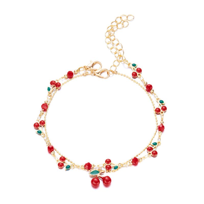 Tiny Red Cherry Fruit Necklace Bracelet Anklet Sweet Cherry Pendant Double Layered Gold Chain - color: red cherry bracelet