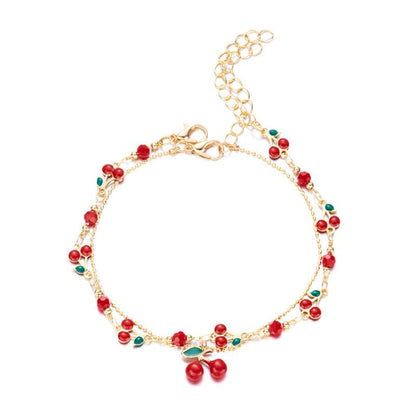 Tiny Red Cherry Fruit Necklace Bracelet Anklet Sweet Cherry Pendant Double Layered Gold Chain - color: red cherry bracelet