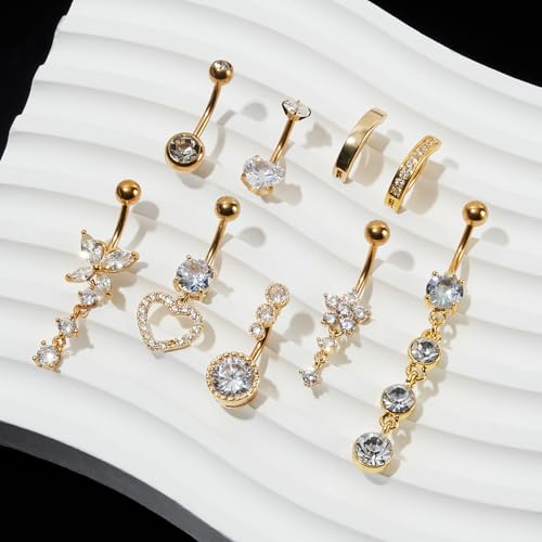 9PCS Belly Button Ring Dangle Stainless Steel Belly Rings 14G 1.6MM Belly Piercing Cute Navel Ring Piercing Jewelry Belly Ring for Women - color: 9PC Gold Set