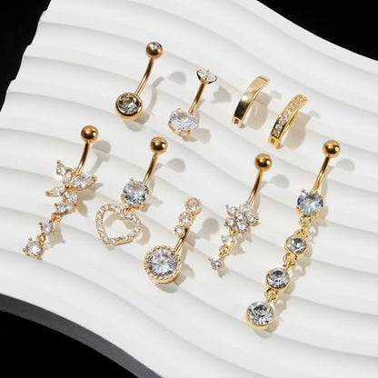 9PCS Belly Button Ring Dangle Stainless Steel Belly Rings 14G 1.6MM Belly Piercing Cute Navel Ring Piercing Jewelry Belly Ring for Women - color: 9PC Gold Set
