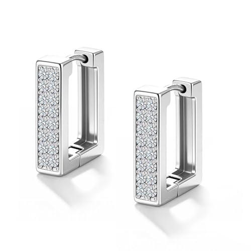 Silver Hoop Earrings for Women Gold Square Huggie Earring for Daily Wear | ALEXCRAFT Hypoallergenic Small Cubic Zirconia Silver Earring Thin Hoop Huggie Earrings for Women Fashion Jewelry Gifts - color: Silver