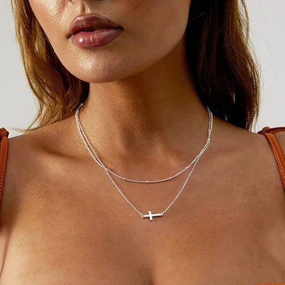 14K Gold Layered Cross Necklaces for Women,Tiny Small Sideways Cross Necklace Minimalist Christian Jewelry Gifts First Communion Confirmation Easter Stuff,2Pcs - color: Style D,Silver