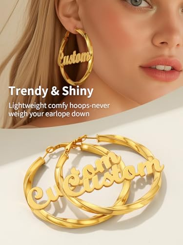FindChic Twisted Hoop Earrings for Women, Silver/Black/14K Gold Plated Hypoallergenic Hollow Tube Rounded Loop Earrings, 30mm/40mm/60mm/80mm Hoops with Custom Name Options and Gift Box - color: f.Gold (Custom Name), size: 60MM