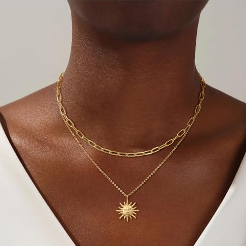 CHESKY Layered Necklaces for Women Trendy, Dainty 14k Gold Plated Pendant Necklace Layering Necklace for Women Non Tarnish Hypoallergenic Sun Gold Necklace Stack Gold Jewelry for Women Gifts - style: Sun-God2
