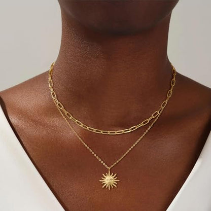 CHESKY Layered Necklaces for Women Trendy, Dainty 14k Gold Plated Pendant Necklace Layering Necklace for Women Non Tarnish Hypoallergenic Sun Gold Necklace Stack Gold Jewelry for Women Gifts - style: Sun-God2