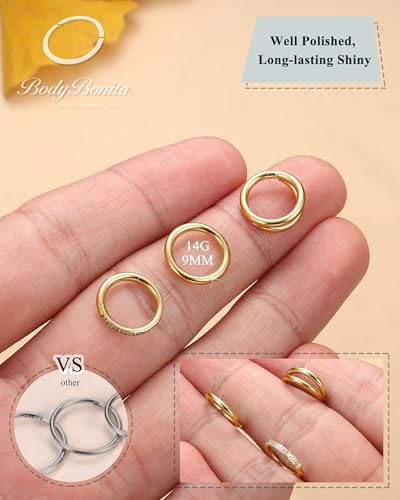 BodyBonita 3pcs Nose Rings Hoops - Double Hoop Nose Ring 14/16/18/20G Hinged CZ Piercing Jewelry Septum Clicker Rings Cartilage Earring Helix Rook Tragus Daith 7mm/8mm/9mm/10mm - color: 14K Gold Plated, size: 14 gauge(1.6mm)-9mm