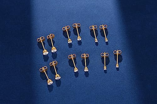 FOSIR 10 Pairs Tiny Womens Surgical Stainless Steel Clear Cubic Zirconia Stud Earrings, Hypoallergenic 316L Earrings Set - style: 2/3/4mm-9 pair-Gold