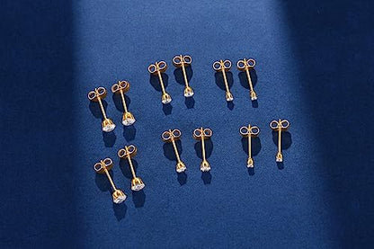 FOSIR 10 Pairs Tiny Womens Surgical Stainless Steel Clear Cubic Zirconia Stud Earrings, Hypoallergenic 316L Earrings Set - style: 2/3/4mm-9 pair-Gold