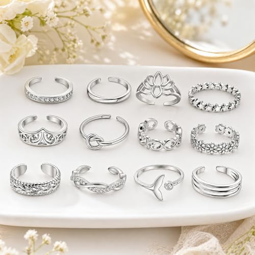 12PCS Toe Rings for Women 14K Gold/Silver Plated Adjustable Toe Ring Set Open Heart Arrow Infinity Rings Beach Foot Jewelry for Summer - color: Silver3