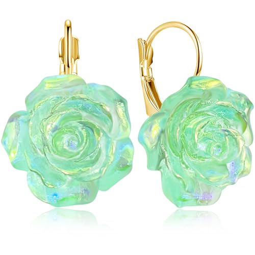Handmade Bohemian Aesthetic Dainty Acrylic Flower Petal Leverback Earrings Sparkly 14K Gold Floral Dangle Drop Earrings for Women - color: Green