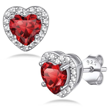 Bestyle Sparkling 925 Sterling Silver Birthstone Stud Earrings for Women, Heart/Round/Teardrop/Square Solitaire Diamond Studs Earrings, Great Birthday/Christmas Gifts - style: 01. Red Garnet-Jan.-heart