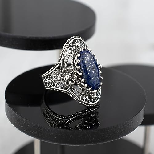 Filigranist 925 Sterling Silver Handcrafted Filigree Art Flower Pattern Woman Oval Statement Ring, Gift Boxed - color: Lapis Lazuli