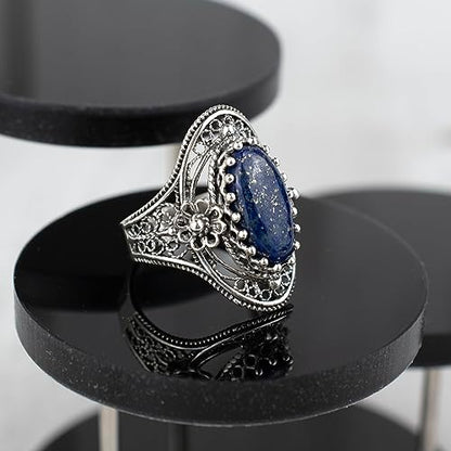 Filigranist 925 Sterling Silver Handcrafted Filigree Art Flower Pattern Woman Oval Statement Ring, Gift Boxed - color: Lapis Lazuli
