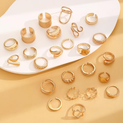 Chunky Gold Rings for Women Rhinestone Stackable Knuckle Ring Set Open Adjustable Statement Ring Set Dainty Crown Cross Midi Rings Fashion Jewelry Gift for Women - color: Gold7