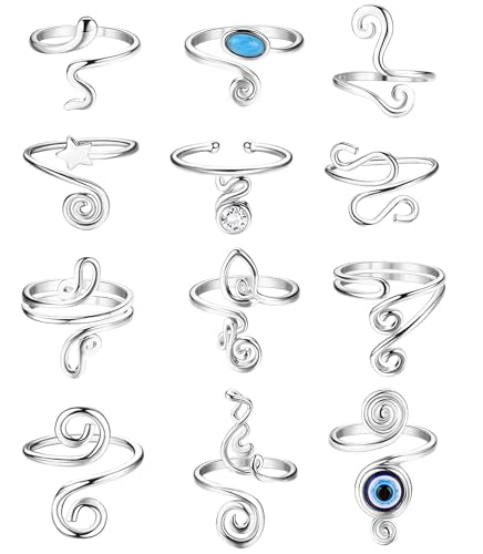 FIBO STEEL 12Pcs Adjustable Toe Rings for Women Open African Toe Rings Summer Beach Foot Jewelry - color: Silver Tone