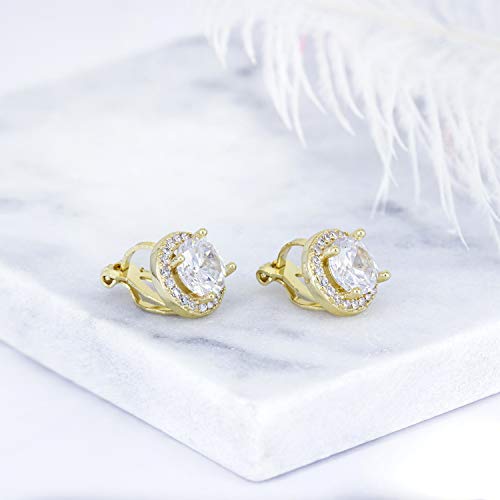 YOQUCOL 8MM Cubic Zirconia Crystal Clip On Stud Earrings Round Non Pierced Earrings for Women - color: Gold-White