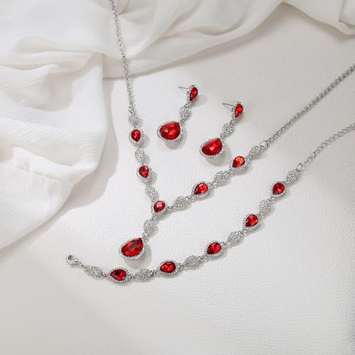 EleQueen Women's Wedding Bridal Jewelry Sets for Brides Bridesmaids, Cubic Zirconia Teardrop Necklace Tennis Bracelet Dangle Earrings Jewellery Set - color: 04-Ruby Color Clear-Tone