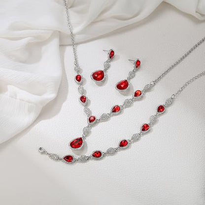 EleQueen Women's Wedding Bridal Jewelry Sets for Brides Bridesmaids, Cubic Zirconia Teardrop Necklace Tennis Bracelet Dangle Earrings Jewellery Set - color: 04-Ruby Color Clear-Tone