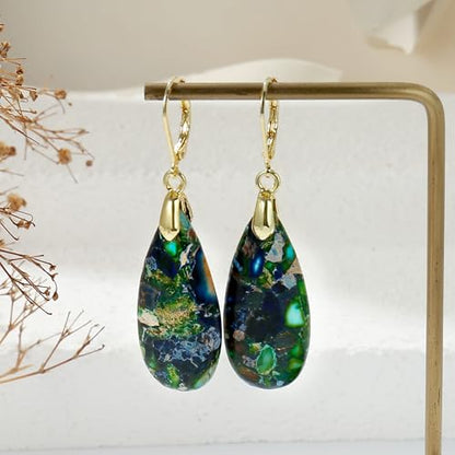 Natural Healing Teardrop Stone Leverback Dangle Drop Earrings Statement Gold earrings - color: Blue -Gold