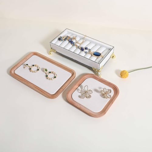 velvet Jewelry organizer tray, Beech wood Jewelry Display Plate, Beige Jewelry Viewing Tray, Jewelry showcase tray for Necklace Bracelet Ring Earring stand holder (Cream-Small, 5.1x 5.1 in) - size: Small