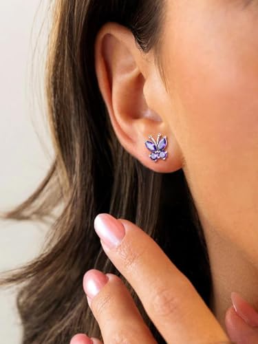 Suplight Butterfly Stud Earrings 925 Sterling Silver 14K Gold Brithstone Earrings for Women Brithstone Jewelry Gifts - color: 02.February ( Amethyst), size: Silver