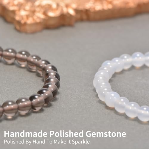 2PCS Agate Bracelet for Women Men Natural Round Beaded Agates Stone Healing Stretch Bracelets Elastic Handmade Polished Gemstone Beads Bracelet - color: Grey+White, size: 6mm Beads