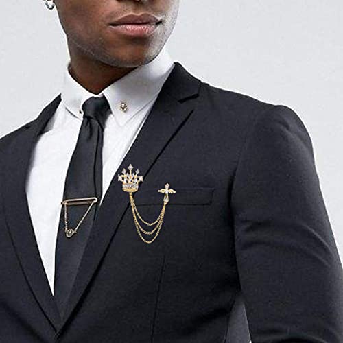 Collar Chain Pin for Men and Women - Hanging Tassel Brooch Lapel Pin for Business Suits - Bar Pin With Long Chain - Gifts - color: H: crown gold