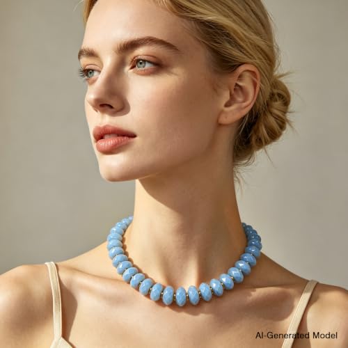 Colorful Chunky Acrylic Beaded Choker Necklaces for Women | Multicolor Faceted Beads, Sturdy Metal Chain, Adjustable Detachable, Lightweight, Summer Boho, Sparkly Statement Jewelry Gift - color: Blue
