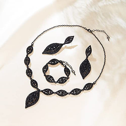Flyonce Wedding Jewelry Set Rhinestone Crystal Bridal Leaf Necklace Drop Dangle Chandelier Earrings Sets for Women - color: Black Black-Tone