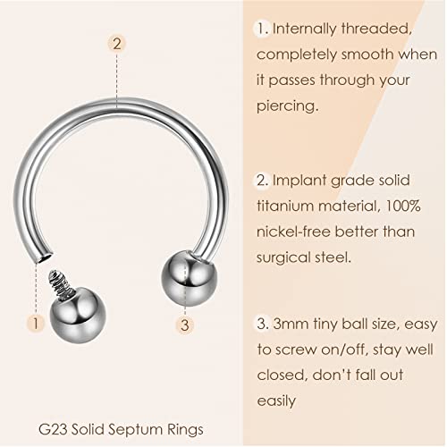 MILACOLATO 2Pcs Implant Grade Titanium Septum Rings for Women Men 16G | G23 Solid Titanium Internally Threaded Horseshoe Circular Barbell Piercing Jewelry for Nose Lip Tragus Eyebrow Helix Daith - color: 2pcs-black&steel-16g/10mm