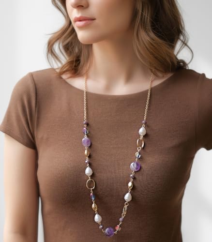 Long Gold Necklaces for Women Trendy Beaded Chain Necklace Chunky Costume Jewelry Gifts for Her - color: Amethyst