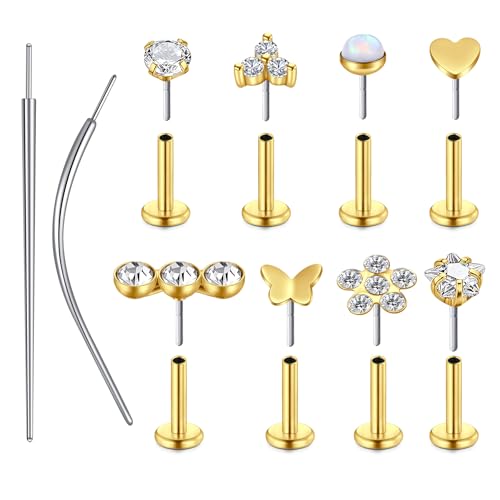 Zolure 18G/20G Flat Back Earrings Stud Threadless Nose Studs Surgical Steel Push in Earrings Tragus Cartilage Labret Helix Lip Conch Medusa Piercing Jewelry - color: 18G Gold #4