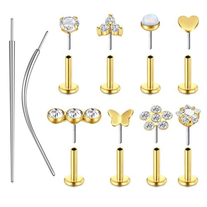 Zolure 18G/20G Flat Back Earrings Stud Threadless Nose Studs Surgical Steel Push in Earrings Tragus Cartilage Labret Helix Lip Conch Medusa Piercing Jewelry - color: 20G Gold #4