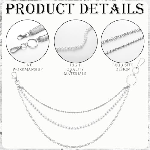 Jadive 5 Pieces Belt Chain Jeans Pants Pocket Waist Multi-Layer Hip Hop Metal Wallet Chain for Men Women - style: Pearl, Silver, White