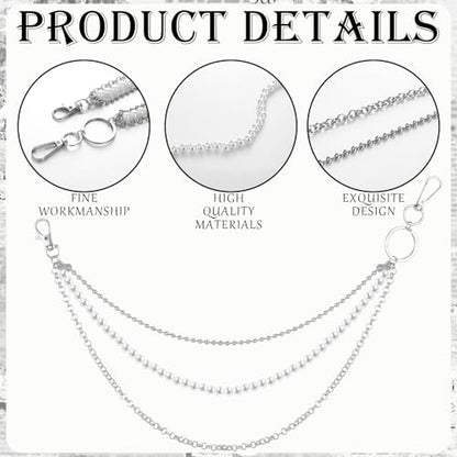 Jadive 5 Pieces Belt Chain Jeans Pants Pocket Waist Multi-Layer Hip Hop Metal Wallet Chain for Men Women - style: Pearl, Silver, White