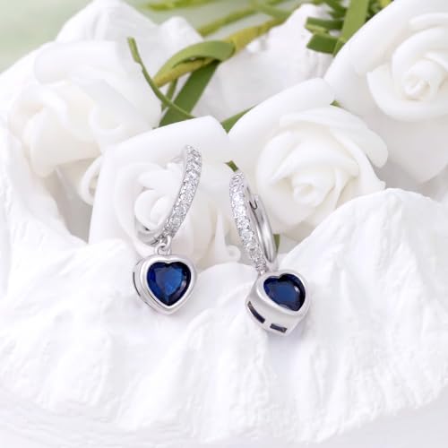 Heart Hoop Earrings with Dangle Sterling Silver Love Heart-Shaped Loop Earrings for Women Hypoallergenic Sparkle Birthstone Cubic Zirconia Hoop Earring with Dangling Charms Dainty Fashion Jewelry Gift - color: Blue