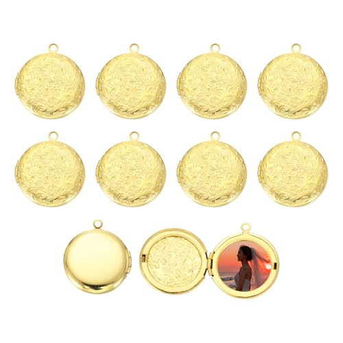 MECCANIXITY Custom Photo Locket Charm, Copper Retro Picture Locket Pendants for DIY Memorial KeyChains Necklace Bracelet Jewelry Making - color: Gold, style: Round Engraved Flower