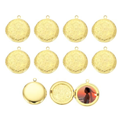 MECCANIXITY Custom Photo Locket Charm, Copper Retro Picture Locket Pendants for DIY Memorial KeyChains Necklace Bracelet Jewelry Making - color: Gold, style: Round Engraved Flower