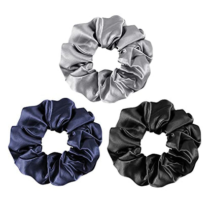 OLESILK 100% Mulberry Silk-Scrunchies for Hair Sleep, Women Grils Silk Hair Ties for Frizz & Breakage Curly Hair, No Damage, Elastics Ponytail Holder, 3 Pack - color: 3pcs, Black-Navy-Grey